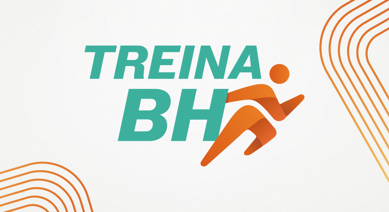 Logo do programa Treina BH, letras em azul turqueza, ilustração de uma pessoa em movimento e grafismos em tons de laranja sobre fundo branco