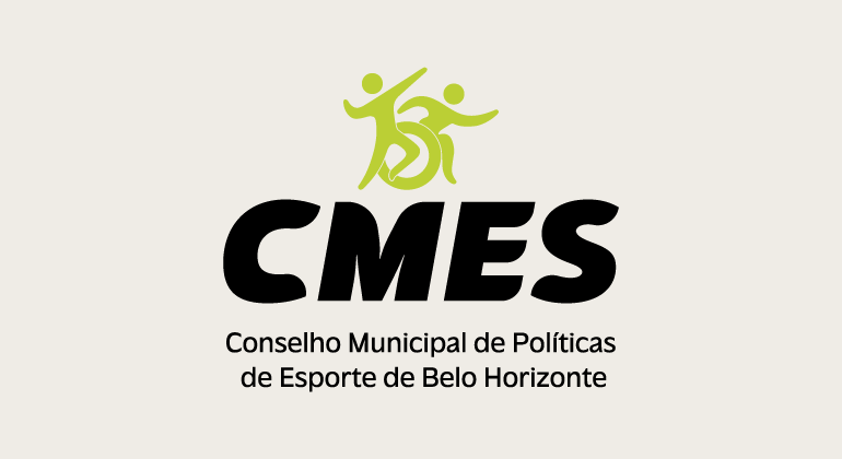 Escrita CMES - Conselho Municipal de Políticas de Esporte de Belo Horizonte em preto, sobre fundo bege. Sobre os dizeres há um pictograma de uma pessoa correndo e outra se movendo em cadeira de rodas, ambos em tom verde
