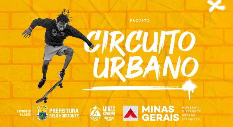Banner Circuito Urbano. Um skatista negro faz uma manobra em salto, junto ao título do projeto e marcas do governo estadual 