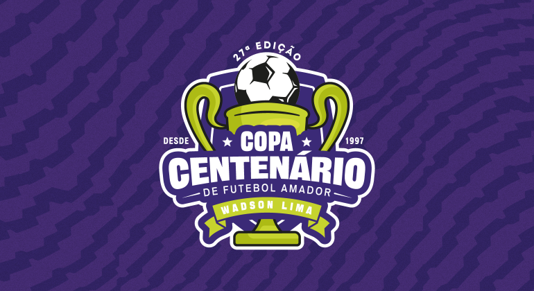 Banner Copa Centenário: Marca da competição em tons de verde, roxo e branco, sobre fundo roxo com textura. 