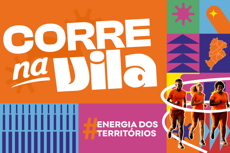 banner do projeto Banner colorido, com grafismos geométricos e imagem de 3 corredores: 1 homem e duas mulhres usando laranja. Em destaque texto com os dizeres "Corre na Vila"