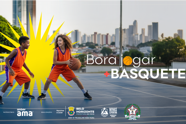 Banner Bora Jogar Mais basquete. Jogadora e jogador jovem utilizam uniforme esportivo de basquete em tom de laranja. A menina segura uma bola laranja e o menino acompanha a jogada.