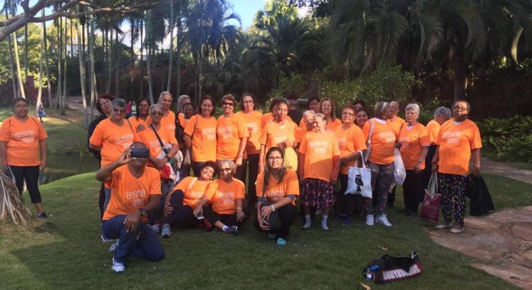 Mais de quinze idosos posam para foto em passeio em local com verde, durante o dia. 