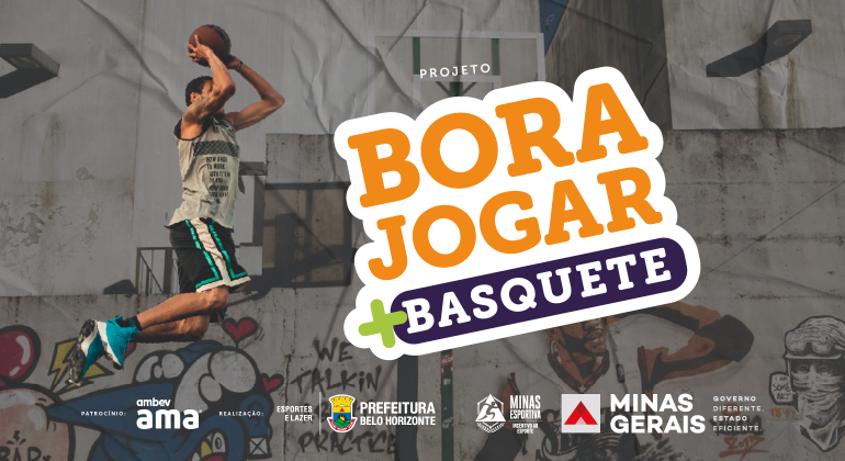 Banner Bora Jogar Mais basquete. Jogador arremessa bola em um salto, junto ao título do projeto e marcas do governo estadual 