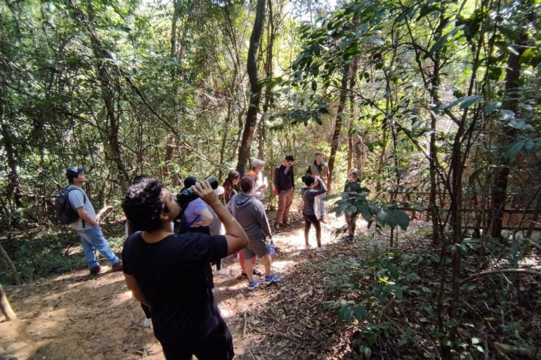 Trilhas em parques convidam crianças a explorar e aproveitar a natureza na próxima semana Grupo de visitantes participa de trilha em meio à vegetação, observando a natureza e a biodiversidade local. Um dos participantes utiliza binóculos para observar a fauna entre as árvores.
