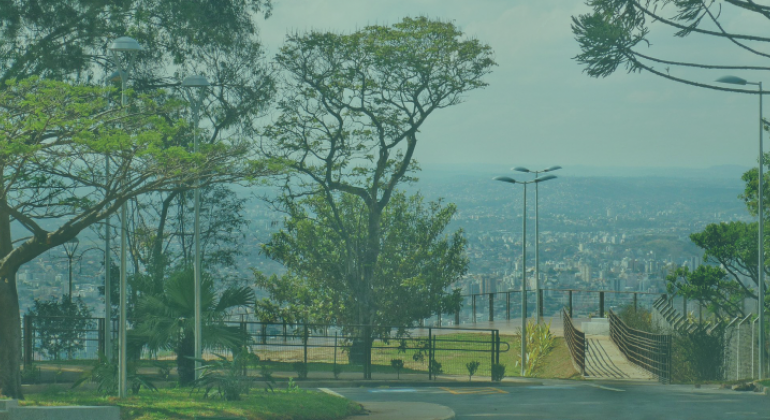 Vista da cidade de Belo Horizonte, com muitos prédios, a partir das árvores e caminhos do Mirante das Mangabeiras, durante o dia. 