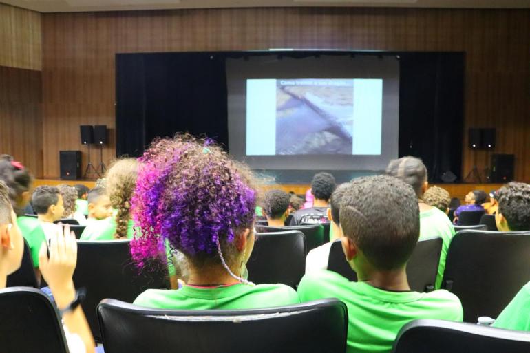  Plateia atenta de estudantes reunida em um auditório acompanhando uma apresentação na tela principal. Em primeiro plano, destaca-se a diversidade do grupo com o visual vibrante de um cabelo cacheado com tons de roxo e rosa.
