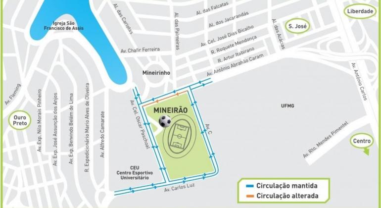 Operação para o jogo Atlético x Internacional, no domingo, dia 10 Mapa do enterno do Mineirão mostra em quais ruas vão ocorrer as intervenções no tráfego