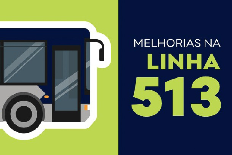 Em fundo verde claro desenho de um ônibus da Prefeitura de Belo Horizonte pela metade na parte esquerda da arte. No lado direito em fundo azul escuro o texto: "Melhorias na linha 513". 