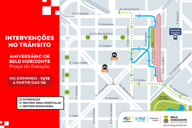 BHTrans realiza operações de trânsito para os eventos deste final de semana A arte tem formato retangular horizontal, com fundo dividido entre uma faixa vermelha à esquerda e um mapa em tons de cinza-claro e azul-acinzentado à direita. Na área vermelha, há textos em branco, em letras maiúsculas e em negrito, com informações sobre as intervenções no trânsito e o horário de início. O mapa utiliza linhas coloridas para indicar os trechos interditados, em vermelho, e os desvios nos sentidos da área hospitalar, em azul, e da rodoviária, em verde pontilhado.