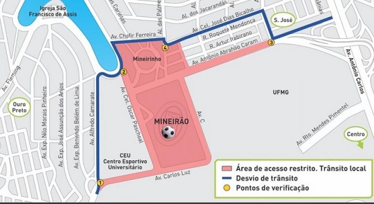 Operação para o jogo Cruzeiro X Confiança, nesta sexta-feira, dia 20 Mapa de operação no entorno do Mineirão