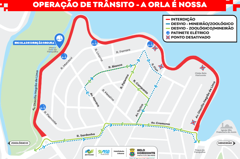 A “Orla é Nossa” deste sábado (10) abre espaço para a Escola de Direção Segura de Patinetes Elétricos Mapa da Operação de Trânsito para interdição na Lagoa da Pampulha