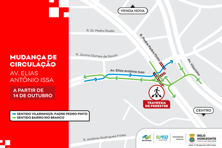 Avenida Elias Antônio Issa, em Venda Nova, passa a ter trecho de mão inglesa a partir desta quarta-feira (14) Mapa informativo da BHTrans sobre as mudanças na circulação da Avenida Elias Antônio Issa, na região de Venda Nova, a partir de 14 de outubro.