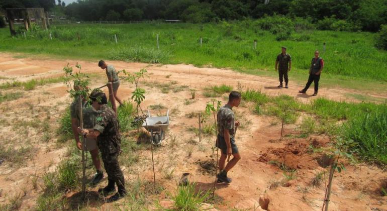 Exército e técnicos da Secretaria de Meio Ambiente durante plantio de árvores