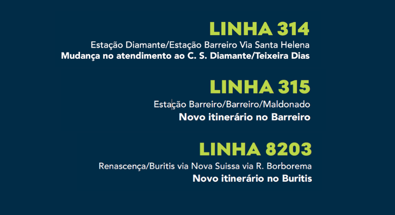 Linhas de ônibus 314, 315 e 8203 terão novos itinerários a partir desta segunda-feira (29)