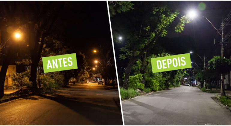 Montagem de imagens com rua antes e depois da nova iluminação pública.