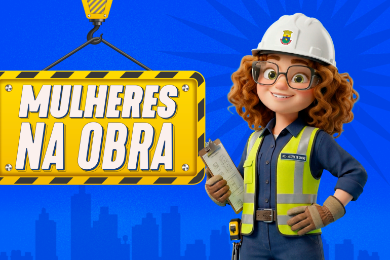 Bel, usa capacete branco e colete e ao lado está escrito Mulheres na Obra