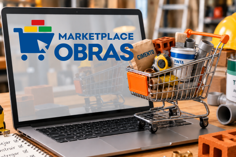 Marketplace Obras Imagem de um pequeno carrinho de supermercado com várias caixas de papelão dentro dele e fora dele também