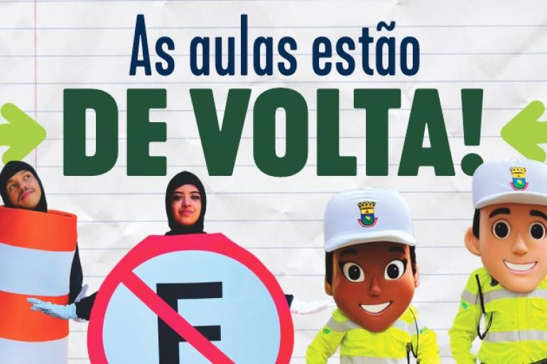 Arte com os personagens da BHTrans e sinalizações de trânsito. Texto: "As aulas estão de volta". 