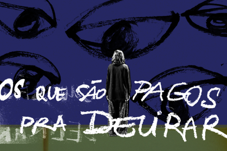 Arte: fundo azul e verde com desenhos em preto de olhos e uma pessoa com capa preta de costas. Texto: "Os que são pagos para delirar" 