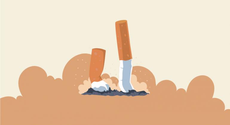 O programa Movimenta PBH realizou, até o início de agosto, uma ação entre os servidores municipais interessados em parar de fumar. Arte: PBH Dois cigarros consumidos apagados à frente de fundo marrom e bege.