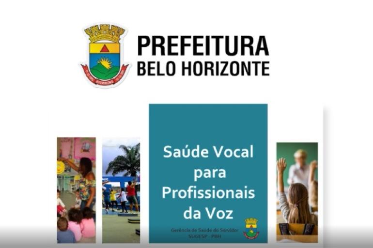A imagem apresenta na parte de cima a logomarca da prefeitura. Na parte do meio a escrita: Saúde Vocal para profissionais da Voz 