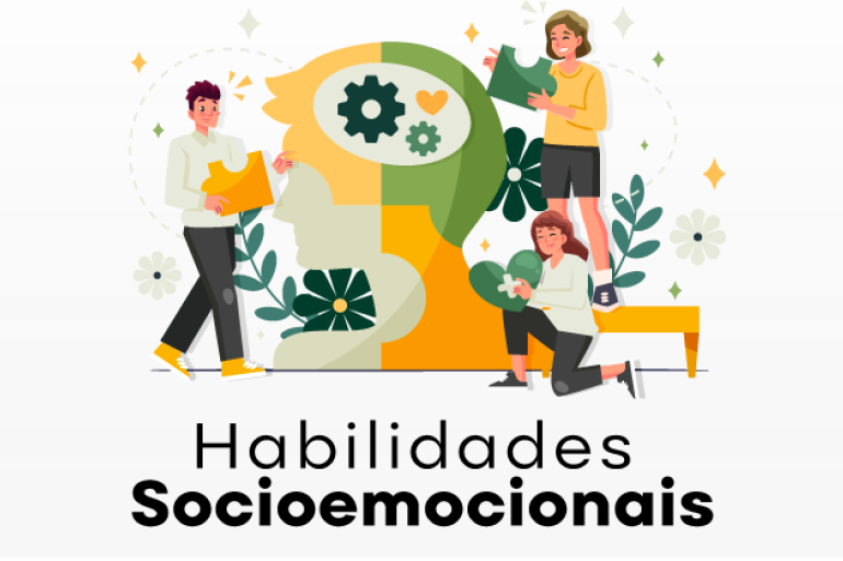 A imagem mostra três pessoas interagindo ao redor de uma cabeça humana estilizada em tons de amarelo e verde, simbolizando pensamentos, emoções e desenvolvimento pessoal. Dentro da cabeça há ícones de engrenagens e coração. Elementos de plantas e formas decorativas completam a composição. Na parte inferior está escrito “Habilidades Socioemocionais”.