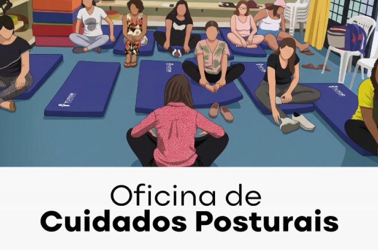 Apresenta pessoas em uma sala com colchonetes participando de uma oficina de cuidados posturais 