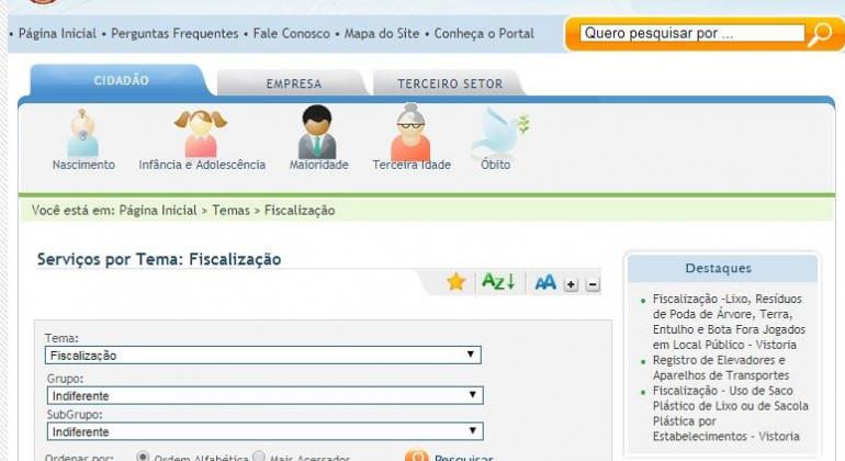 Portal de informações e serviços com o caminho para realizar os recursos. 