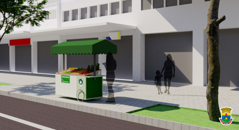 Inscrições para o comércio de frutas no Hipercentro começam dia 10/6 Imagem gráfica mostra carrinho de frutas em uma calçada da cidade
