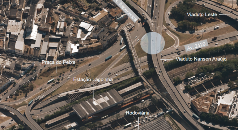 Pesquisa sobre possibilidades de uso para baixio de viaduto na Lagoinha Imagem aérea do viaduto