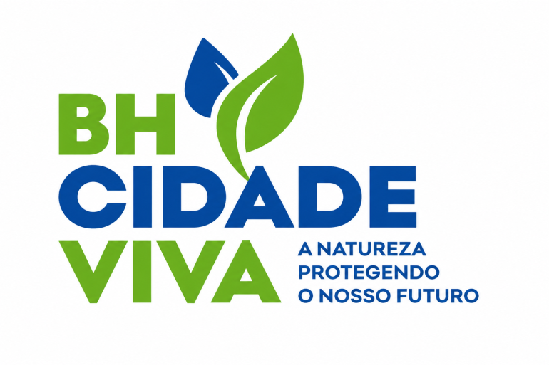 Logomarca do programa BH Cidade Viva sobre fundo branco. À esquerda, o texto "BH CIDADE VIVA" aparece em letras grandes, nas cores verde e azul. Acima da palavra "CIDADE", há um símbolo formado por duas folhas estilizadas, uma verde e outra azul. À direita, em letras azuis menores, lê-se: "A natureza protegendo o nosso futuro".