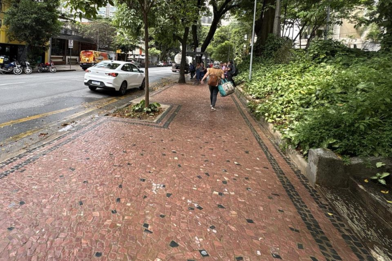 Foto da Praça Marília de Dirceu. Calçada de ladrilhos marrons e pretos, com canteiros de plantas na lateral direita e uma rua com um carro branco estacionado na lateral esquerda. 