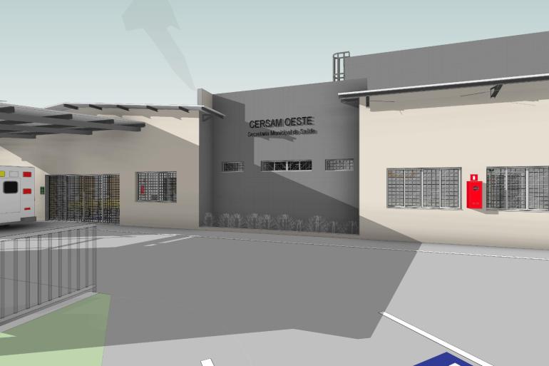 Prefeitura de BH inicia no Palmeiras a construção da nova sede do Centro de Referência em Saúde Mental Oeste Recorte 3D do projeto arquitetônico da nova sede do Cersam. Na imagem, a fachada da futura edificação, em tons de cinza e bege. Começando pela esquerda: traseira de uma ambulância em frente a porta principal da edificação, com telhado, janela ao lado e pintura bege; ao centro, outra parte da edificação, em cinza, com letreiro de identificação "Cersam Oeste - Secretaria Municipal de Saúde" e janelas do tipo basculante abaixo do letreiro; ao lado, edificação, em bege, com duas janelas e extintor de incêndio
