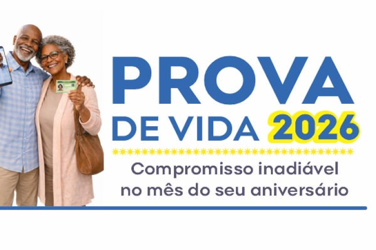 Quase a metade dos beneficiários da PBH ainda não fez a prova de vida de julho Duas pessoas, uma mulher e um homem, abraçados e segurando documentos na mão. Texto da imagem: "Prova de vida 2026 - Compromisso indiável n mês do seu aniversário"