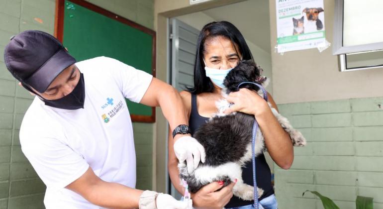 Imagem de um cachorro tomando vacina antirrábico e um Centro de Saúde de Belo Horizonte
