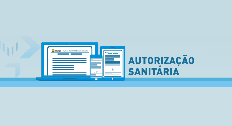 Prefeitura de Belo Horizonte cria Licenciamento Sanitário Simplificado Imagem gráfica azul, com três objetos: um computador, um celular e um tablet. Ao lado, o texto "Autorização Sanitária"