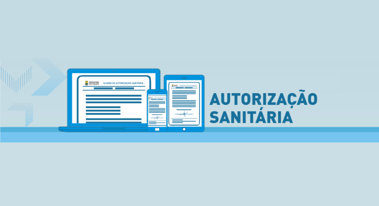 Imagem gráfica azul, com três objetos: um computador, um celular e um tablet. Ao lado, o texto "Autorização Sanitária"