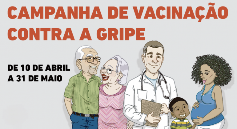 Tem início na quarta-feira, dia 10/4, a Campanha de Vacinação contra influenza. Arte: PBH Desenho de médico, grávida, criança e um casal de idosos sorrindo com os dizeres: "Campanha de vacinação contra a gripe. De 10 de abril a 31 de maio".