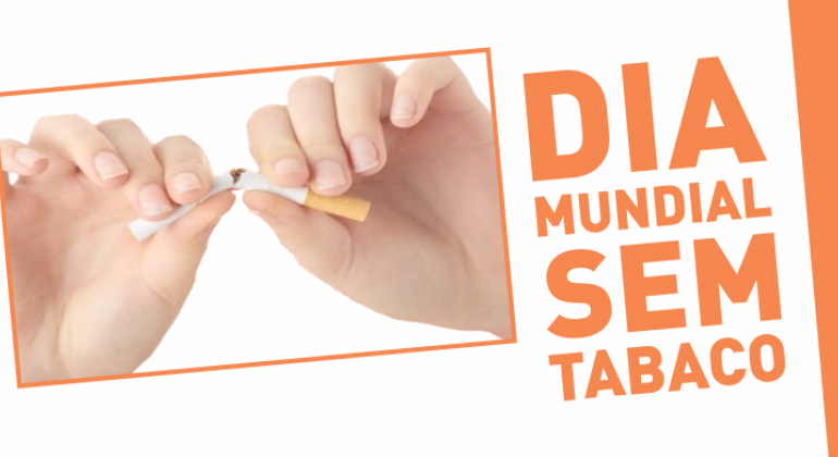 Ação alusiva ao tema será realizada das 8h às 11h na portaria da Unidade de Referência Secundária Padre Eustáquio. Arte: PBH Mãos partem cigarro no meio, à esquerda, os dizeres: "Dia Mundial Sem Tabaco".
