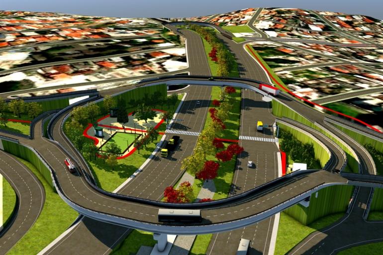 Ilustração mostra dois viadutos que se unem em alças arredondas sobre a Avenida Cristiano Machado