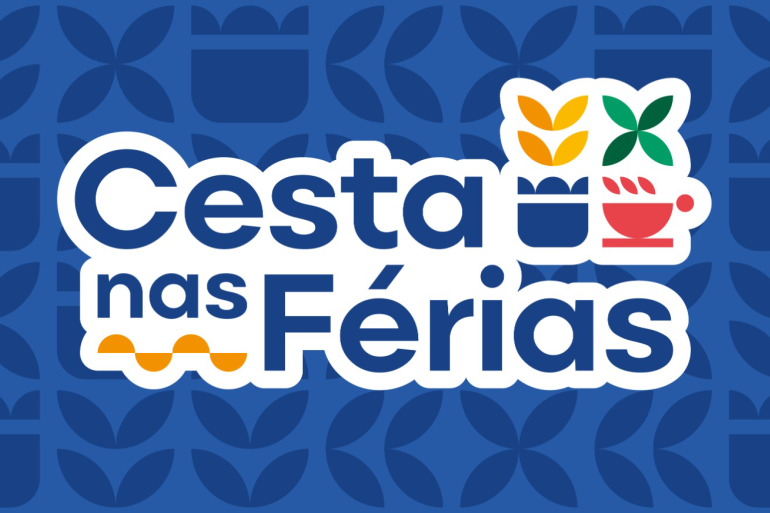 Cesta nas Férias Imagem de fundo azul com ícones coloridos e os dizeres Cesta nas Férias