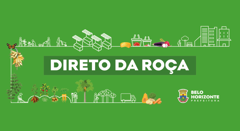 Imagem gráfica com fundo na cor verde com destaque para o texto Direto da Roça. Há elementos naturais, como joaninhas, bananeira, alecrim, além de elementos da cidade: ruas, caminhões e barraca.