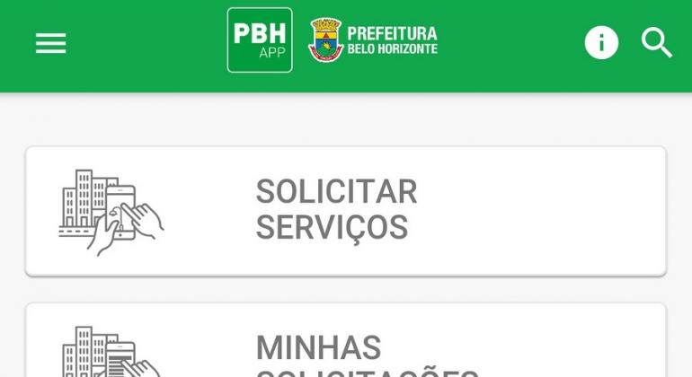 Denúncias sobre atuação de flanelinhas já podem ser feitas pelo aplicativo da Prefeitura de Belo Horizonte. Parte de cima do app da PBH com os itens Solicitar Serviços e Minhas Solicitações.