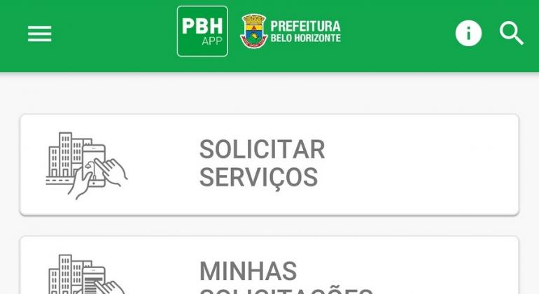 Parte de cima do app da PBH com os itens Solicitar Serviços e Minhas Solicitações.