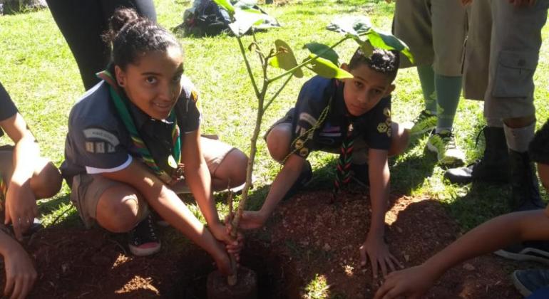 Grupos de Escotismo da Guarda Municipal participam de atividade educativa no fim de semana, no Centro de Vivência Agroecológica Coqueiros. Foto: Divulgação PBH Dois escoteiros plantam uma muda em grama, durante o dia.