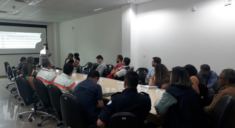 Cerca de dezessete pessoas, sentadas, reunidas em torno de uma mesa, e um homem em pé que palestraao lado de uma projeção na parede. 