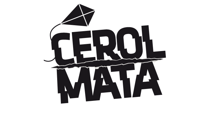 Logo da campanha Cerol Mata!, em preto e branco, com uma pipa acima. 