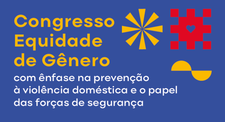 Congresso Equidade de Gênero - banner azul com ilustrações vermelha de coração e amarela de energia e trabalho