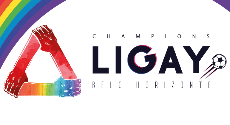 Um triângulo formado por mãos e punhos vermelho e com as cores do arco-íris embaixo do arco-íris e os dizeres: Champions Ligay Belo Horizonte, com o desenho de uma bola lançada. 